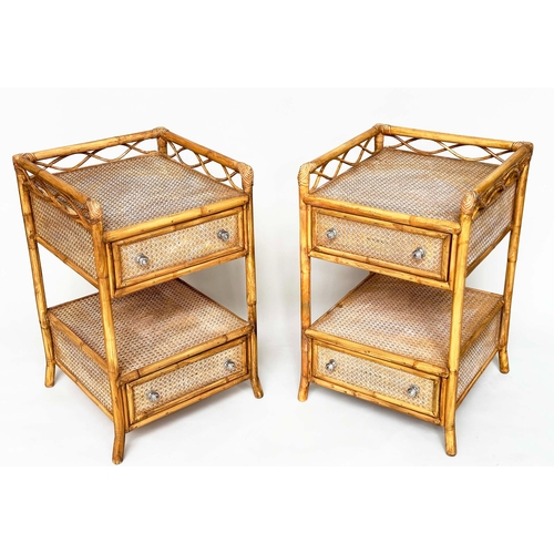 218 - LAMP/BEDSIDE TABLES BY ANGRAVES, a pair, rattan framed, wicker panelled and cane bound each with gal... 