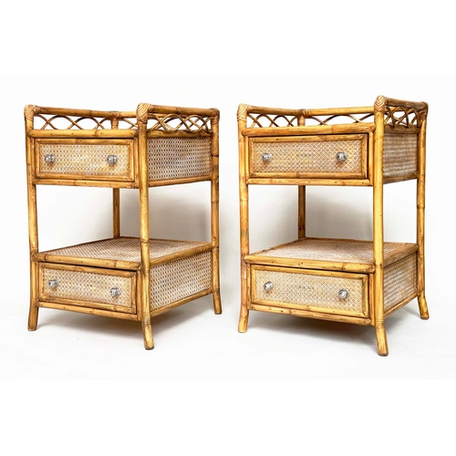 218 - LAMP/BEDSIDE TABLES BY ANGRAVES, a pair, rattan framed, wicker panelled and cane bound each with gal... 