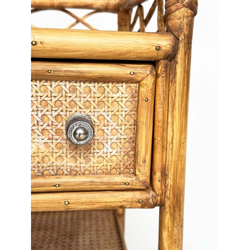 218 - LAMP/BEDSIDE TABLES BY ANGRAVES, a pair, rattan framed, wicker panelled and cane bound each with gal... 