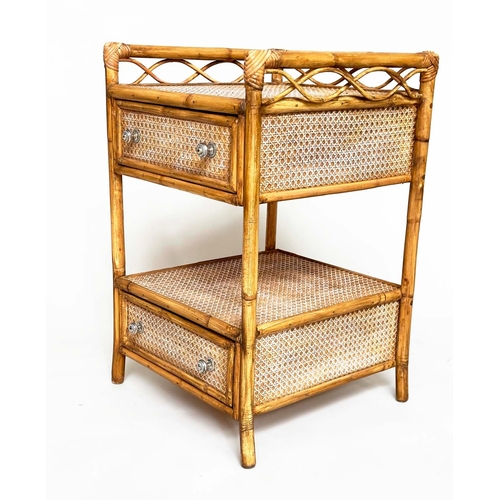 218 - LAMP/BEDSIDE TABLES BY ANGRAVES, a pair, rattan framed, wicker panelled and cane bound each with gal... 