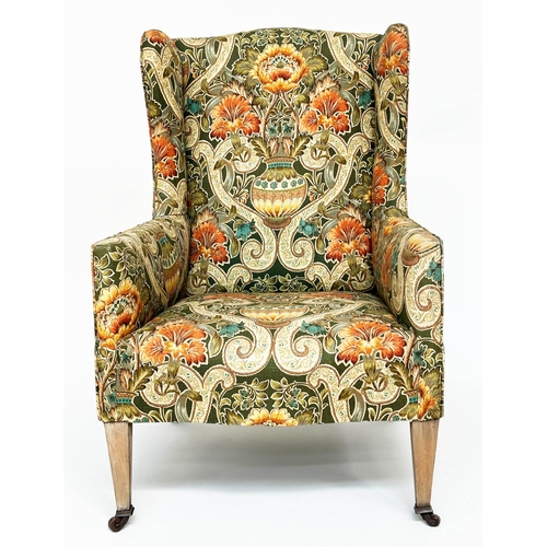 219 - WINGBACK ARMCHAIR, early 20th century English Edwardian with William de Morgan style upholstery and ... 