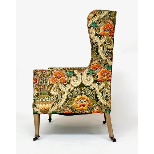 219 - WINGBACK ARMCHAIR, early 20th century English Edwardian with William de Morgan style upholstery and ... 