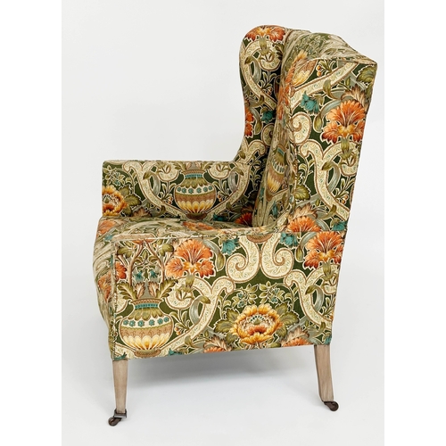 219 - WINGBACK ARMCHAIR, early 20th century English Edwardian with William de Morgan style upholstery and ... 