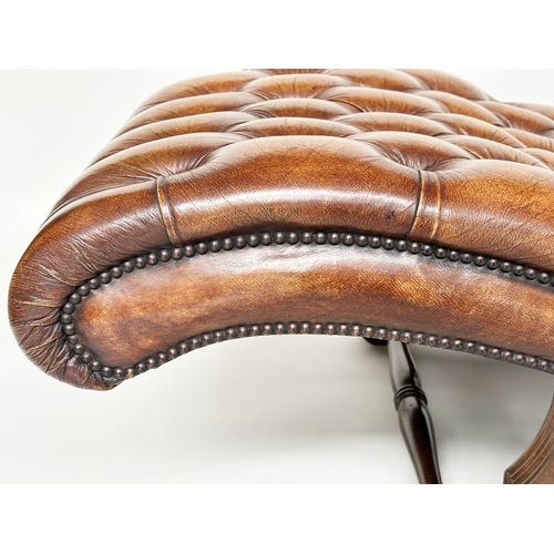 225 - CHAISE/COUCH, traditional deep button upholstered hand finished soft antique tan studded leather and... 