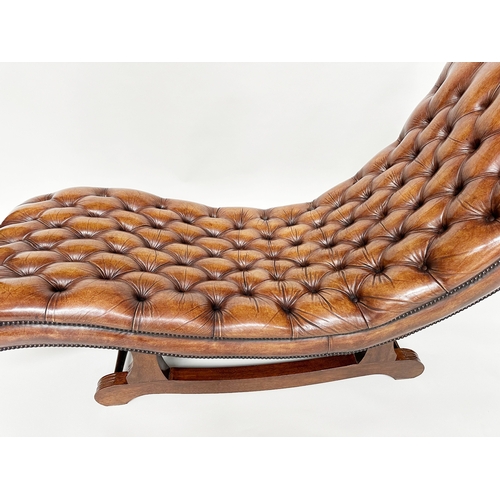 225 - CHAISE/COUCH, traditional deep button upholstered hand finished soft antique tan studded leather and... 