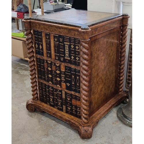 228 - ATTRIBUTED TO MAITLAND SMITH WINE CABINET, burr walnut with marble top with faux book spine fronted ... 