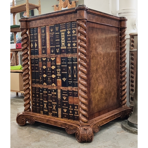 228 - ATTRIBUTED TO MAITLAND SMITH WINE CABINET, burr walnut with marble top with faux book spine fronted ... 