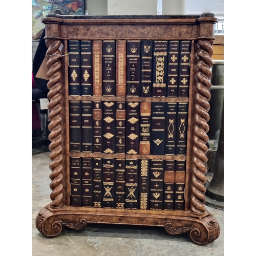 228 - ATTRIBUTED TO MAITLAND SMITH WINE CABINET, burr walnut with marble top with faux book spine fronted ... 