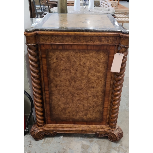 228 - ATTRIBUTED TO MAITLAND SMITH WINE CABINET, burr walnut with marble top with faux book spine fronted ... 