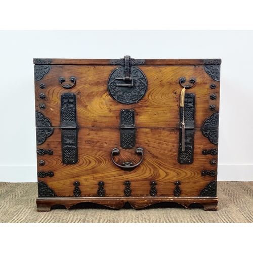 233 - TANSU CHEST, late 19th century Korean elm with iron work, fall front with three fitted drawers, 81cm... 