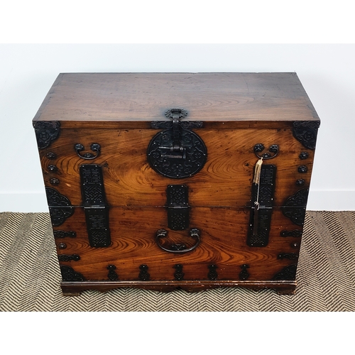 233 - TANSU CHEST, late 19th century Korean elm with iron work, fall front with three fitted drawers, 81cm... 