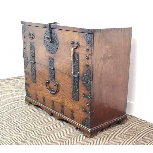 233 - TANSU CHEST, late 19th century Korean elm with iron work, fall front with three fitted drawers, 81cm... 