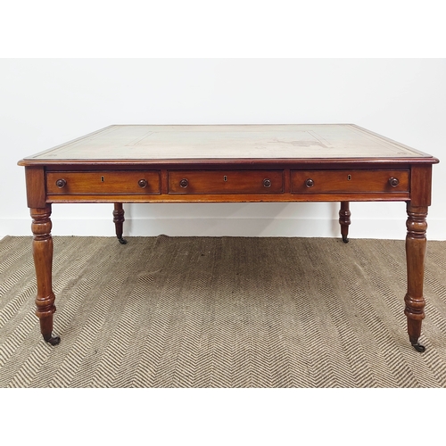 236 - PARTNERS WRITING TABLE, mid Victorian mahogany with tan leather top above three drawers to each side... 