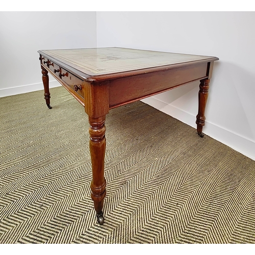 236 - PARTNERS WRITING TABLE, mid Victorian mahogany with tan leather top above three drawers to each side... 