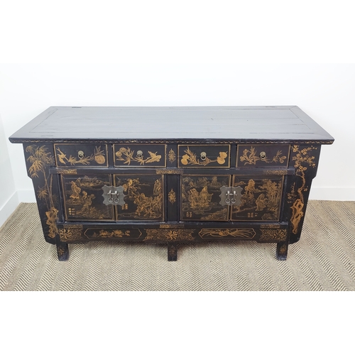 239 - CHINESE SIDEBOARD, black lacquered with ggilt decorated front, having four drawers over twin cupboar... 