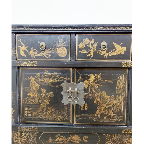 239 - CHINESE SIDEBOARD, black lacquered with ggilt decorated front, having four drawers over twin cupboar... 