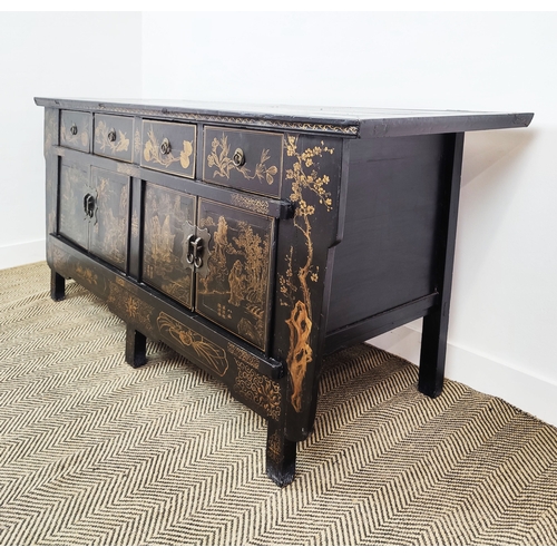 239 - CHINESE SIDEBOARD, black lacquered with ggilt decorated front, having four drawers over twin cupboar... 