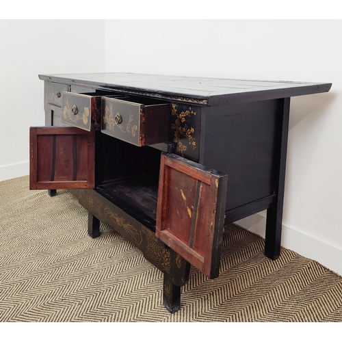 239 - CHINESE SIDEBOARD, black lacquered with ggilt decorated front, having four drawers over twin cupboar... 