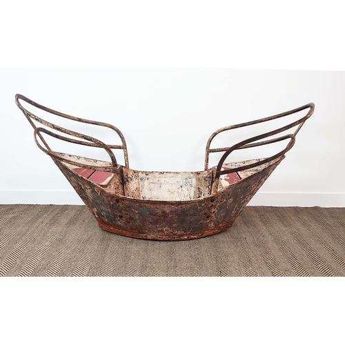 242 - BOAT PLANTER, antique painted iron and pine, 87cm H x 175cm L x 63cm W.