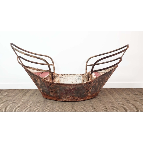 242 - BOAT PLANTER, antique painted iron and pine, 87cm H x 175cm L x 63cm W.