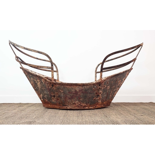 242 - BOAT PLANTER, antique painted iron and pine, 87cm H x 175cm L x 63cm W.