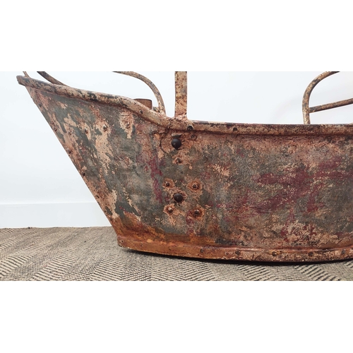 242 - BOAT PLANTER, antique painted iron and pine, 87cm H x 175cm L x 63cm W.