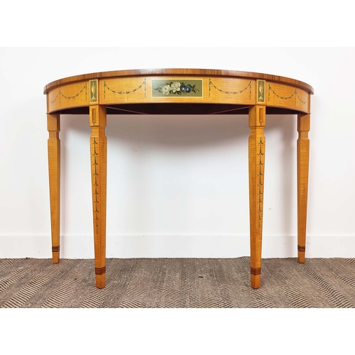 243 - A NEO-CLASSICAL STYLE DEMILUNE CONSOLE TABLE, in the manner of Robert Adam, inlaid and painted swag ... 