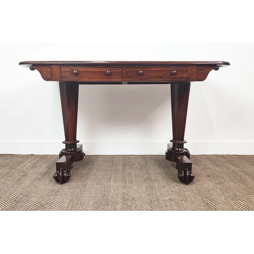 245 - LIBRARY TABLE, William IV rosewood, with a pair of frieze drawers with dummy drawers to verso, on a ... 