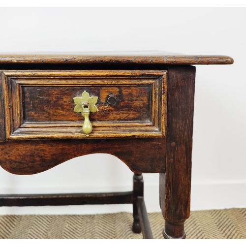 256 - SIDE TABLE, Charles II oak, with a frieze drawer and on turned supports, with cross stretchers.