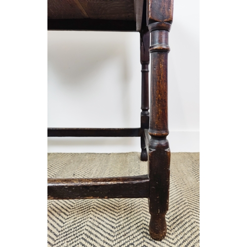 256 - SIDE TABLE, Charles II oak, with a frieze drawer and on turned supports, with cross stretchers.