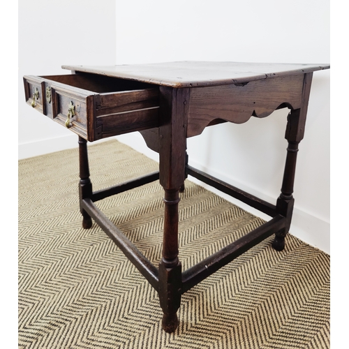 256 - SIDE TABLE, Charles II oak, with a frieze drawer and on turned supports, with cross stretchers.