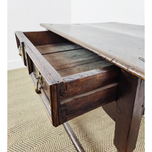 256 - SIDE TABLE, Charles II oak, with a frieze drawer and on turned supports, with cross stretchers.