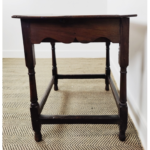 256 - SIDE TABLE, Charles II oak, with a frieze drawer and on turned supports, with cross stretchers.