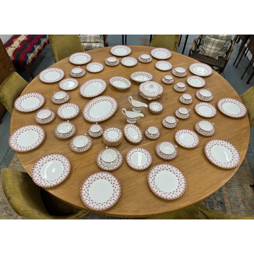 26 - SPODE FLEUR DE LYS RED DINNER SERVICE, comprising dinner plates, side plates, soup bowls, gravy boat... 