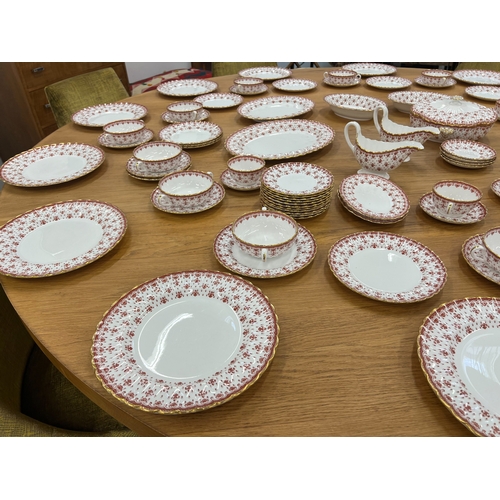 26 - SPODE FLEUR DE LYS RED DINNER SERVICE, comprising dinner plates, side plates, soup bowls, gravy boat... 