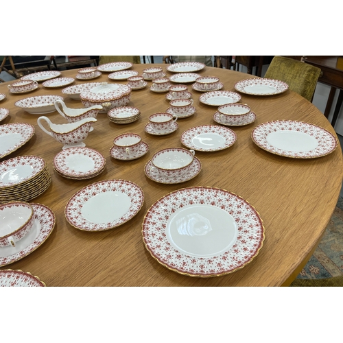 26 - SPODE FLEUR DE LYS RED DINNER SERVICE, comprising dinner plates, side plates, soup bowls, gravy boat... 