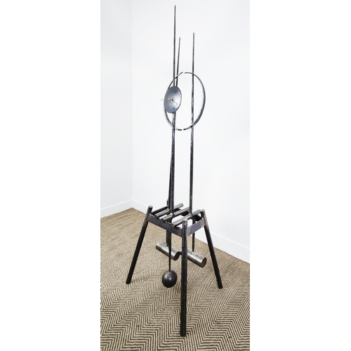 27 - PAUL MARGETTS, three pendulum clock, sculptured metal work, 186cm H.