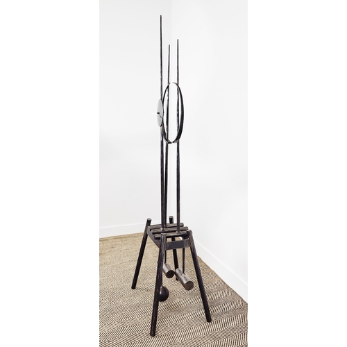 27 - PAUL MARGETTS, three pendulum clock, sculptured metal work, 186cm H.