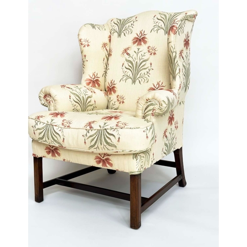 271 - WINGBACK ARMCHAIR, George III period mahogany with early English style printed linen upholstery, fea... 