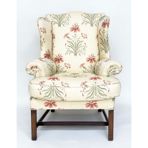 271 - WINGBACK ARMCHAIR, George III period mahogany with early English style printed linen upholstery, fea... 