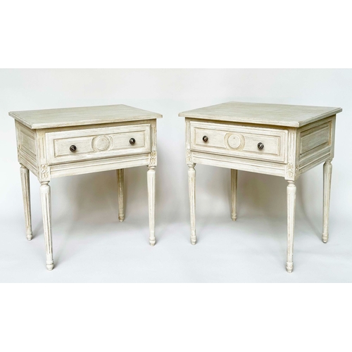 295 - LAMP TABLES, a pair, French Louis XVI, traditionally grey painted each with drawer and fluted suppor... 