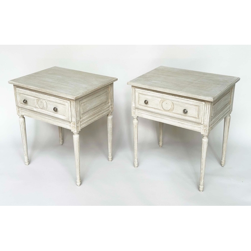 295 - LAMP TABLES, a pair, French Louis XVI, traditionally grey painted each with drawer and fluted suppor... 