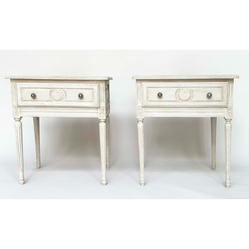 295 - LAMP TABLES, a pair, French Louis XVI, traditionally grey painted each with drawer and fluted suppor... 