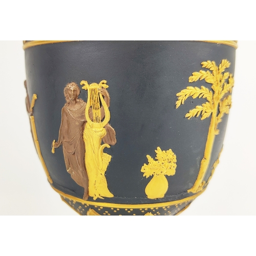 3 - WEDGWOOD BLACK AND GILT BASALT VASES, a pair, 19th century classical Grecian urn form with figurativ... 