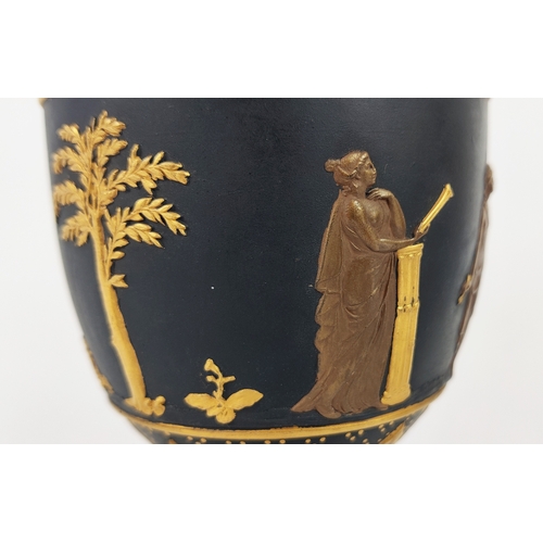 3 - WEDGWOOD BLACK AND GILT BASALT VASES, a pair, 19th century classical Grecian urn form with figurativ... 