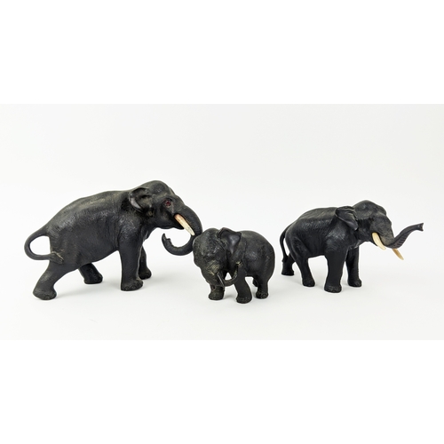 30 - JAPANESE MEIJI ELEPHANTS, three. (3) Largest 20cm L x 12cm H x 8cm W. Smallest 10cm L x 5cm W x 8cm ... 