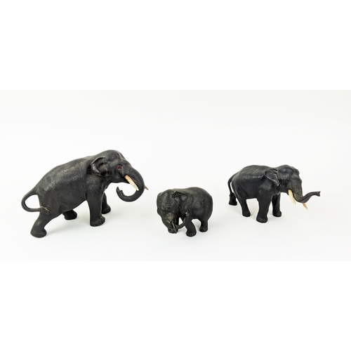 30 - JAPANESE MEIJI ELEPHANTS, three. (3) Largest 20cm L x 12cm H x 8cm W. Smallest 10cm L x 5cm W x 8cm ... 