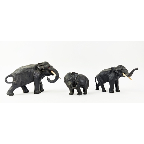 30 - JAPANESE MEIJI ELEPHANTS, three. (3) Largest 20cm L x 12cm H x 8cm W. Smallest 10cm L x 5cm W x 8cm ... 