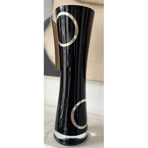 307 - STUDIO VASE BY CARR OF SHEFFIELD, with four silver hall marked rings, 34cm H.