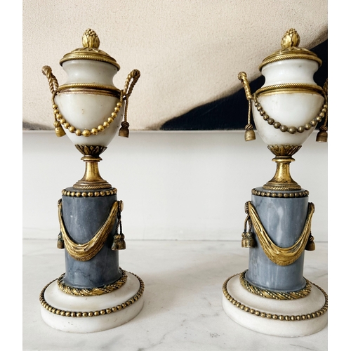 309 - ALABASTER URNS, a pair, 19th century alabaster , marble and ormolu mounted miniature urns on plinths... 